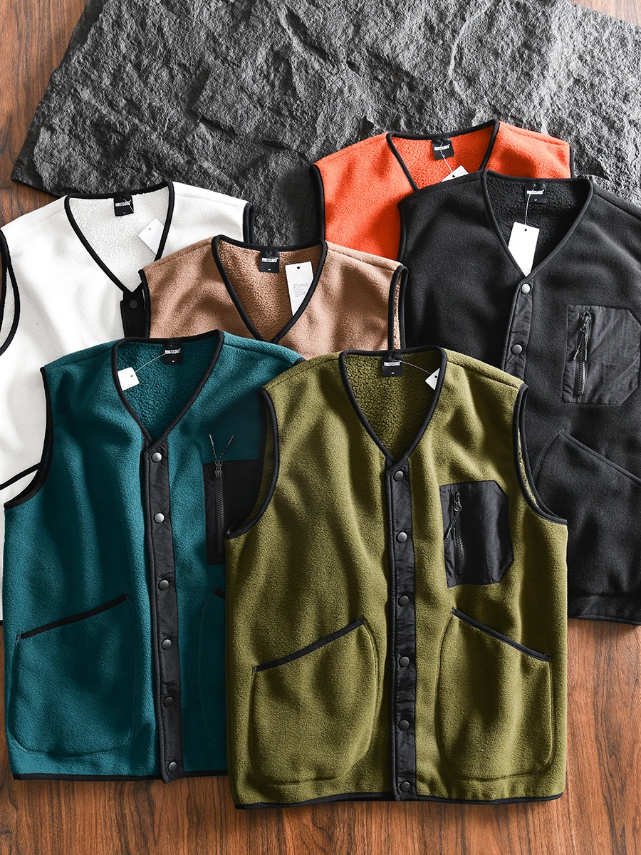 

Color Blo Lamb Fur Vest Men's Casual Warm Fce Workwear Autumn Winter V Ne Single Button Polyester Fiber Youth Faion