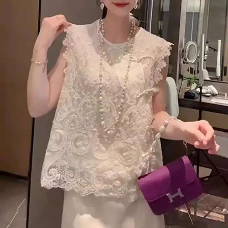 New Fashion Lace Floral Embroidery Blouse Women Chinese Summer O Neck Sleeveless See Through Office Work Elegant Tops