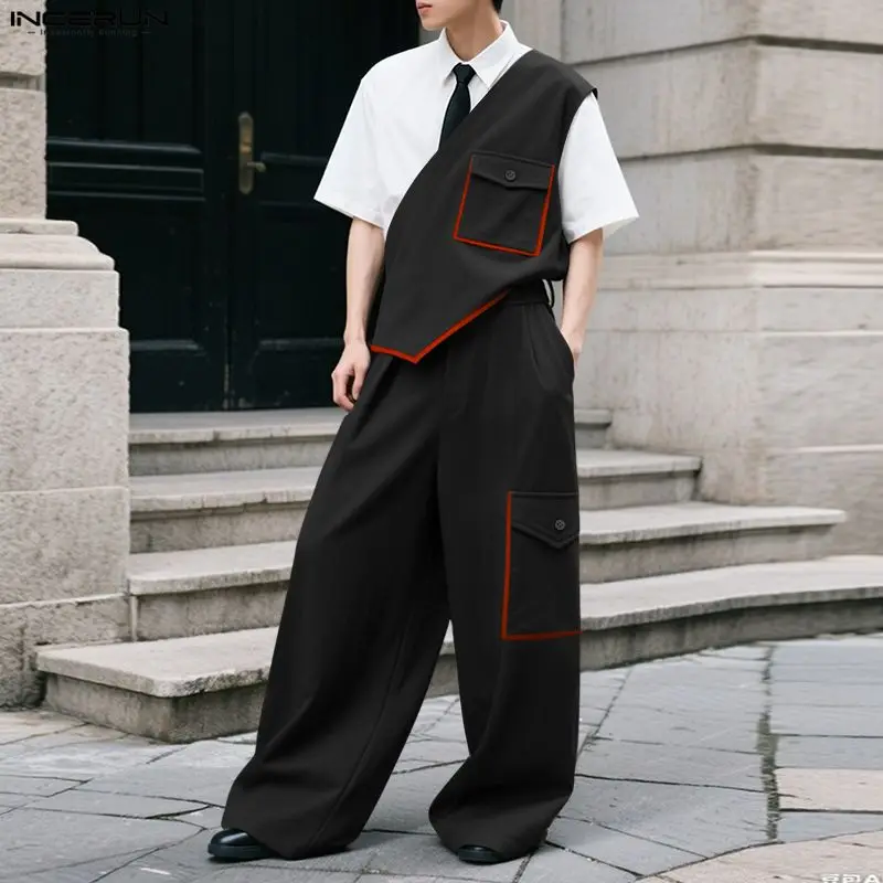 INCERUN Men Sets Patchwork Irregular Sleeveless Vests & Wide Leg Pants Two Pieces Sets Streetwear Loose Fashion Men Casual Suits