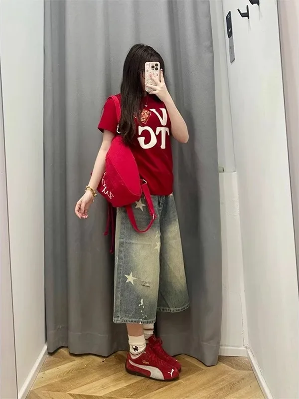 بنطلون جينز نسائي واسع الساق بخصر مرتفع ومقاسات كبيرة، تصميم جديد للصيف مع طباعة نجوم، سروال مستقيم متوسط الطول بقصة فضفاضة