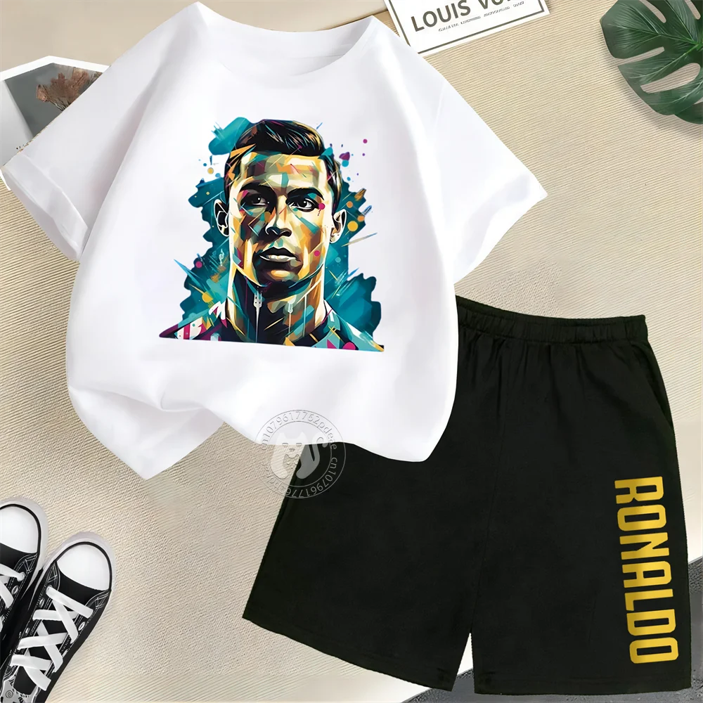 Kids 100% cotton set Dragon Ventus Cristiano Ronaldo print short sleeve T-shirt + Shorts Boys girls summer crewneck set