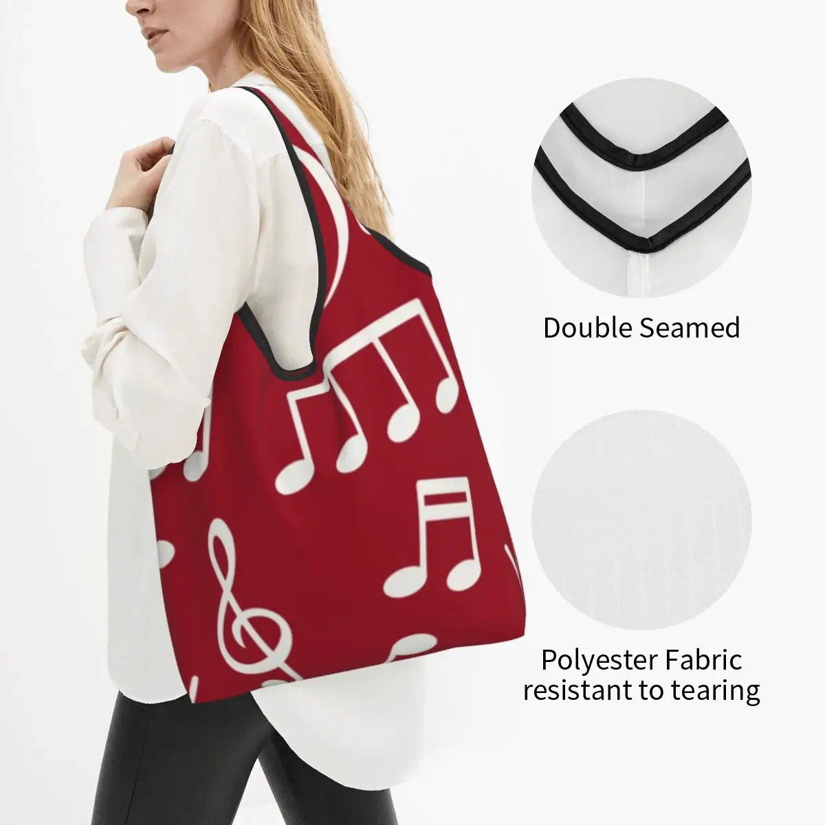 Kawaii White Music Notes On Red Background Shopping Tote Bags Portable Custom Design Music Groceries Shopper Shoulder Bag