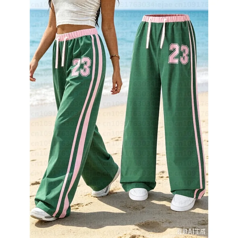 2026 Women Green Pink Color Block Track Pants, Side Double Stripes #23 Print Elastic Waist Casual Streetwear Trousers Kids