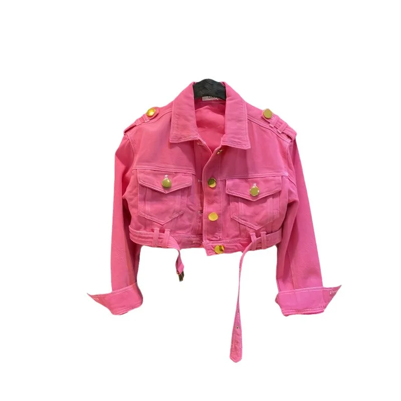 Kids Jacket for Girls Coat 2023 New Autumn Rose Red Jeans Tops Solid Color Turn Down Collar Metal Button Fashion Casual