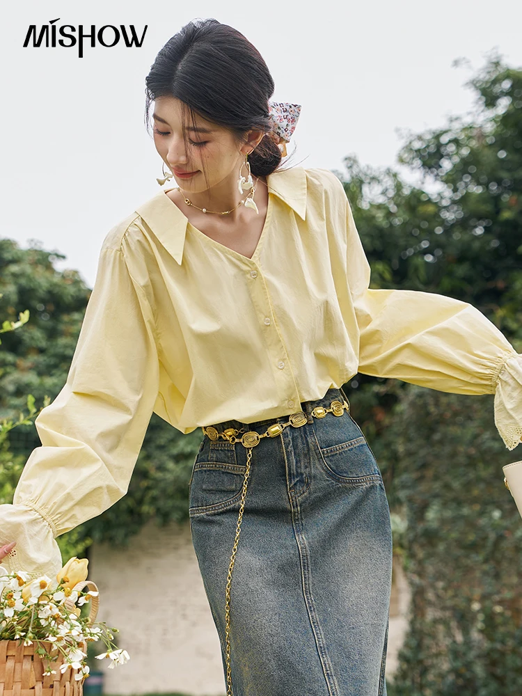 MISHOW 100 Cotton Light Yellow Shirt Spring 2024 Korean Polo V Neck Flare Sleeve Lace Stitching Cuffs Versatile Tops MXD12C0157