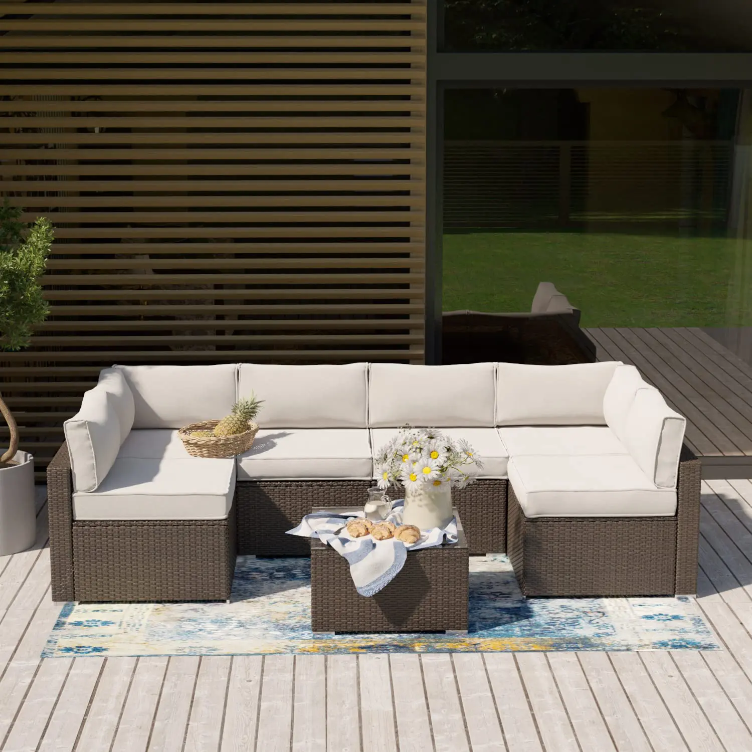 7-Piece Outdoor Wicker Sectional Sofa Off White Cushions Brown Patio Set Glass Table Backyard Garden Porch, Customized
