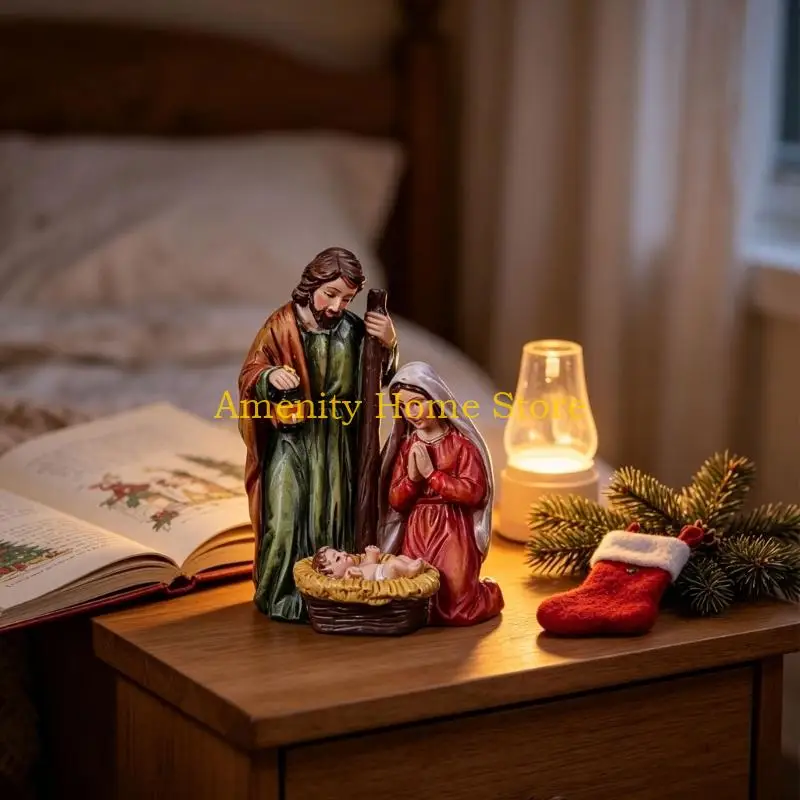 F26C Resin Holy Family Figurine, Christmas Nativity Scene Statue for Holiday Display