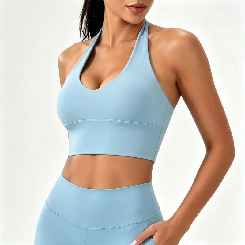 Damen-Sport-BH mit V-Ausschnitt und Halterneck, ultra-elastisch, mit Polsterung, offenem Rücken, Fitness-Tanktop für Yoga, Workout und Activewear – Detail 3