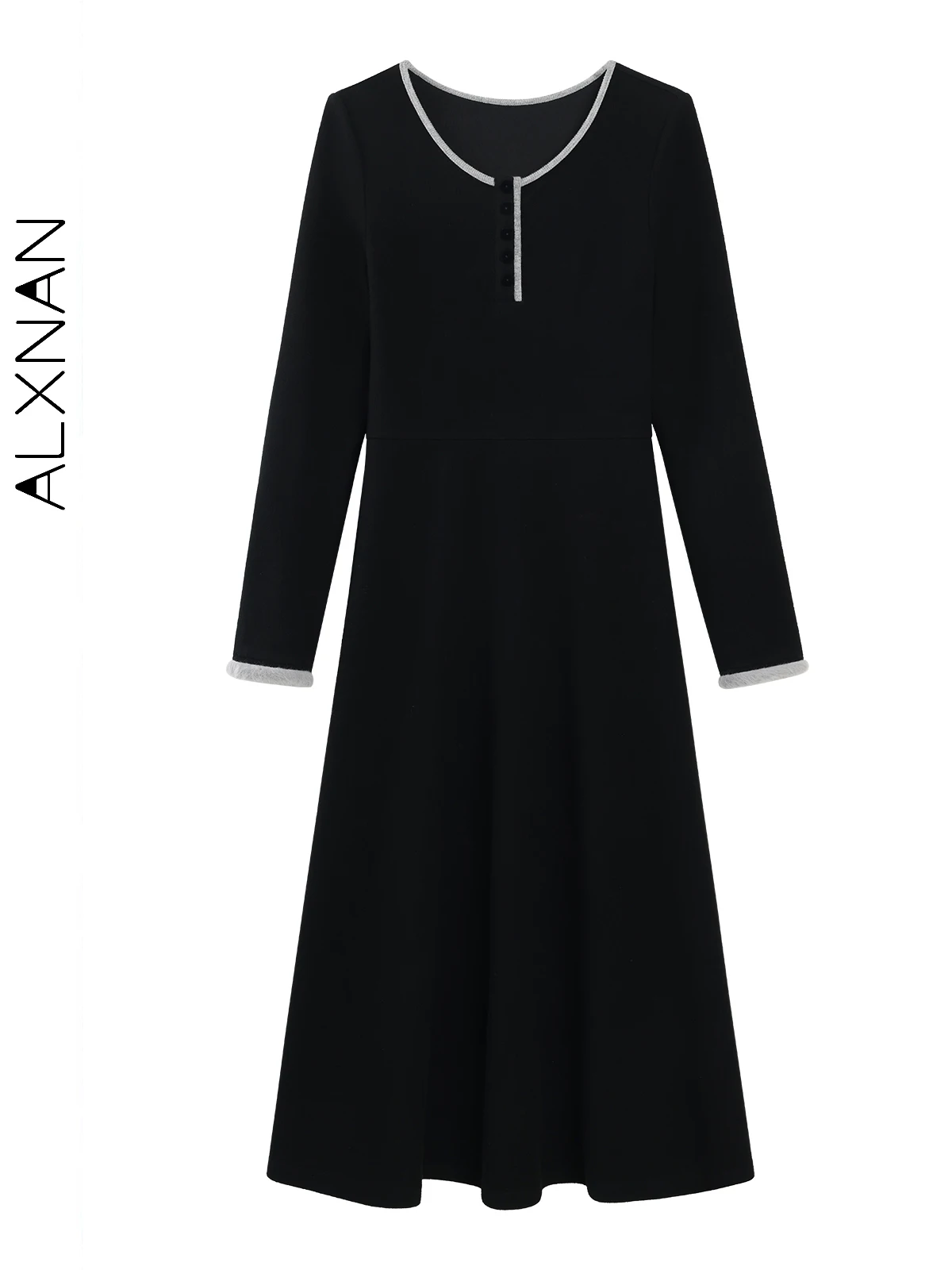 ALXNAN Plus Größe Schwarz Kleider Frauen Winter Langarm Gestrickte einteiliges Kleid Temperament Designer Gestrickte Rock Set D08921