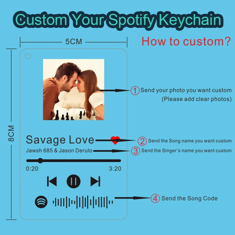 Personalizado Spotify Clear Acrylic Scan Code Keychain para homens e mulheres, cantor de música, capa do álbum nome, chaveiro personalizado, foto