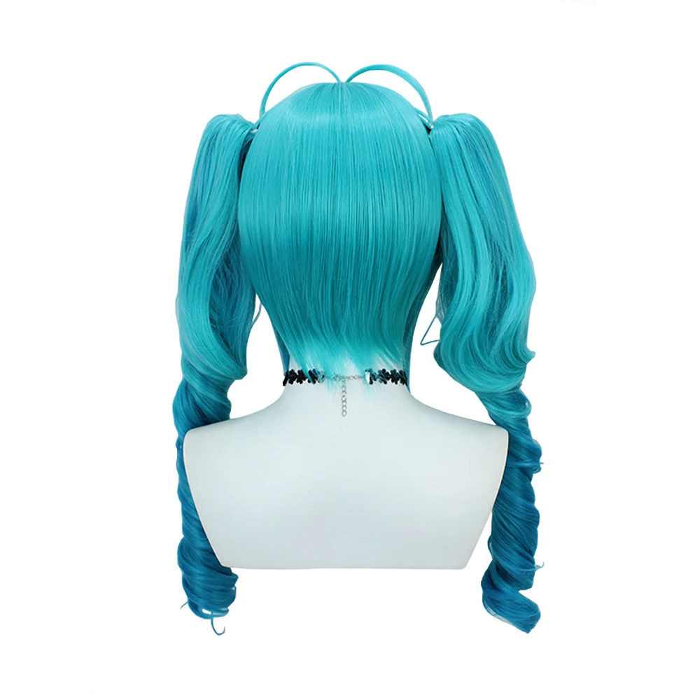 ผมสังเคราะห์สำหรับคอสเพลย์ขนาด 28 นิ้ว พร้อมหน้าม้า สีมิคุไล่เฉดสีฟ้า-น้ำเงิน ปลายผมหยิกเป็นหางม้า วิกผมโลลิต้าสำหรับงานปาร์ตี้ฮาโลวีน