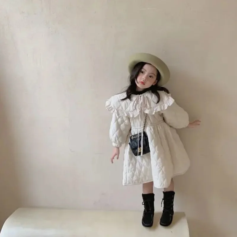 Teen Winter girl thick dress A-line knee length turn-down collar baby girls warm clothes solid comfortable sweet fashion robe