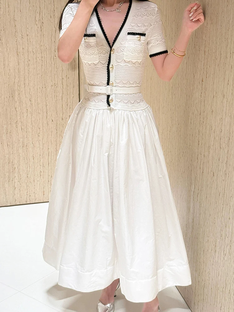 

French V-neck crochet long knitted dress for women - Color-matched patchwork halter-neck style summer 2026 new design