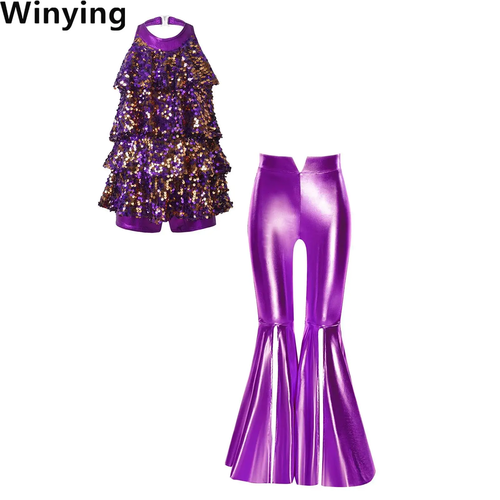 

Kids Girls Sequin Disco Jazz Dance Outfits Sleeveless Leotard And Bell-Bottom Pants for Ballroom Tango Dance Performance Costume