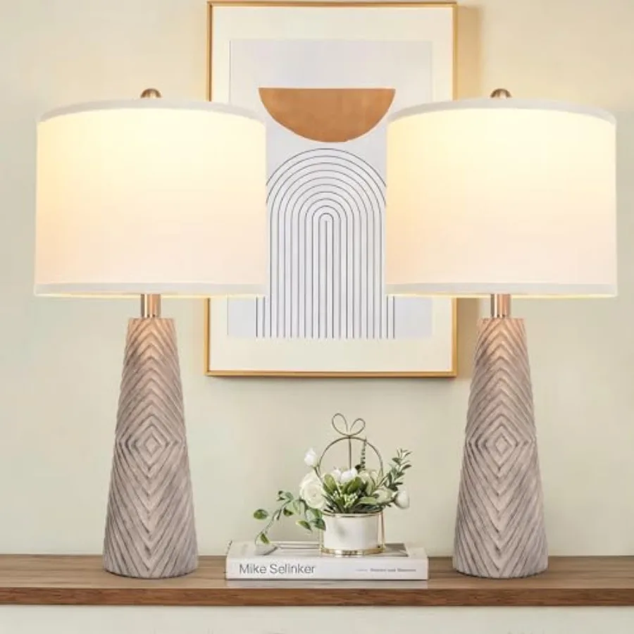 Nightstand Lamp Bedside Lamps Set of 2 Vtage Rustic Farmhouse Table Lamp 3 Way Dimmable Horizontal Stripe Light, for Livg Room