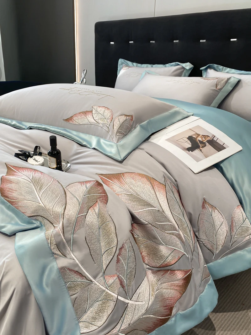 4Pcs Light Luxury Style 100% Cotton Class A 200 Count Cotton Embroidered Bedding Duvet Cover 200x230 220x240 Four Seasons