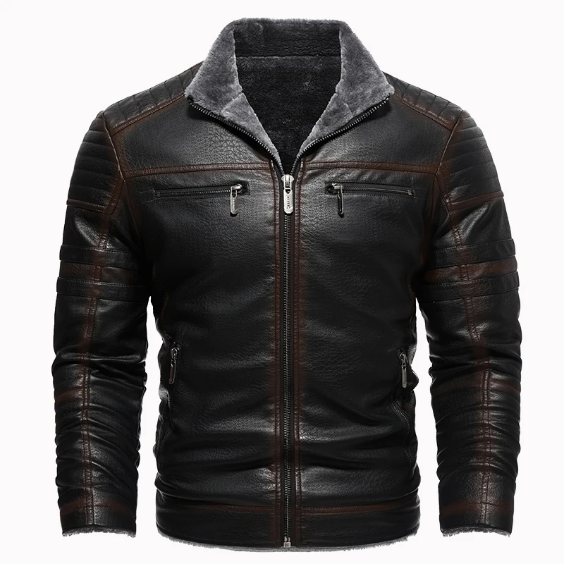 Men's Winter Pu Leather Coat Thickened Artificial Leather Plush Warm Industrial Retro Imitation Leather Jacket