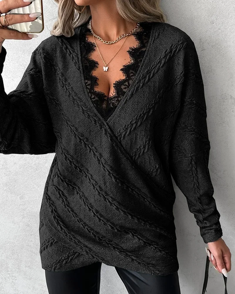 2025 Autumn Casual Women Top Fashion V-neck Lace Trim Overlap Textured Pullover Top