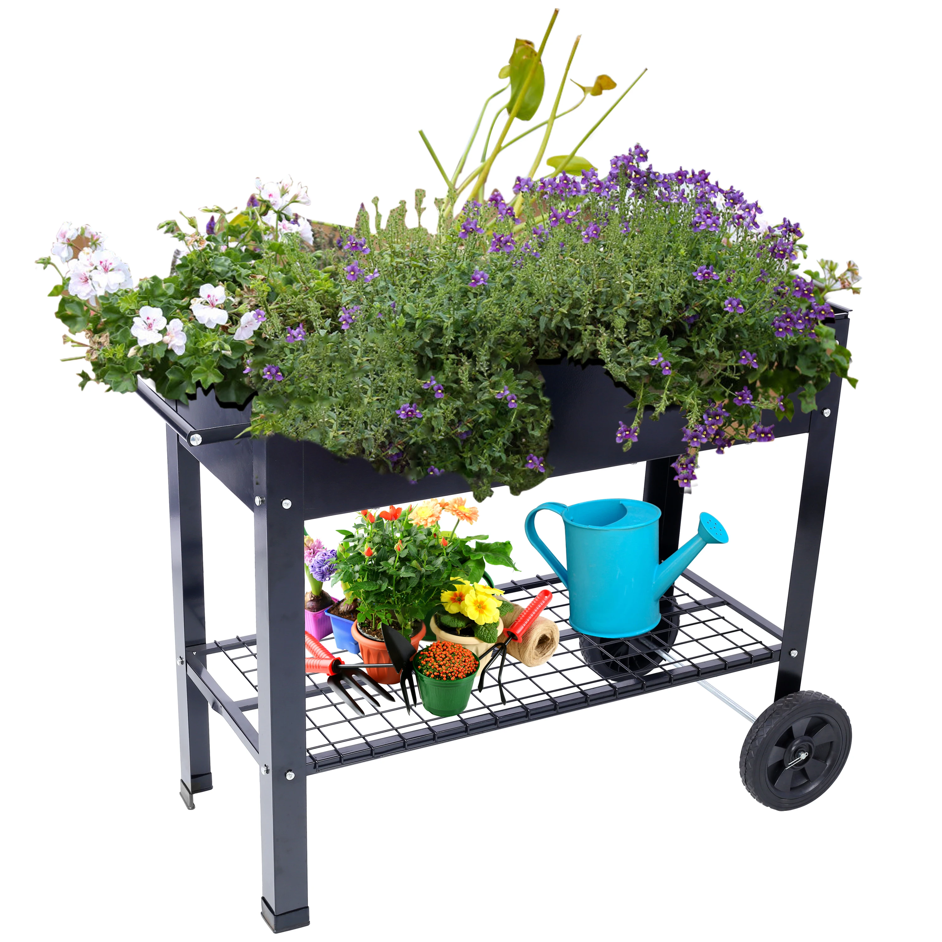 42.5-Inch Galvanized Steel Raised Garden Bed w/Wheels- Outdoor Elevated Planter Box for Vegetables - Black ﻿