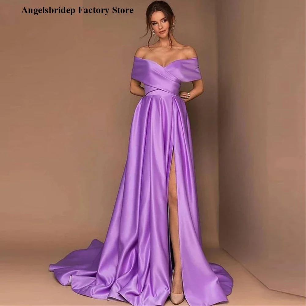 

Elegant Lavender Satin A Line Long Evening Dresses 2021 Off the Shoulder Short Sleeves Sied Slit 2021 Simple Formal Prom Gowns