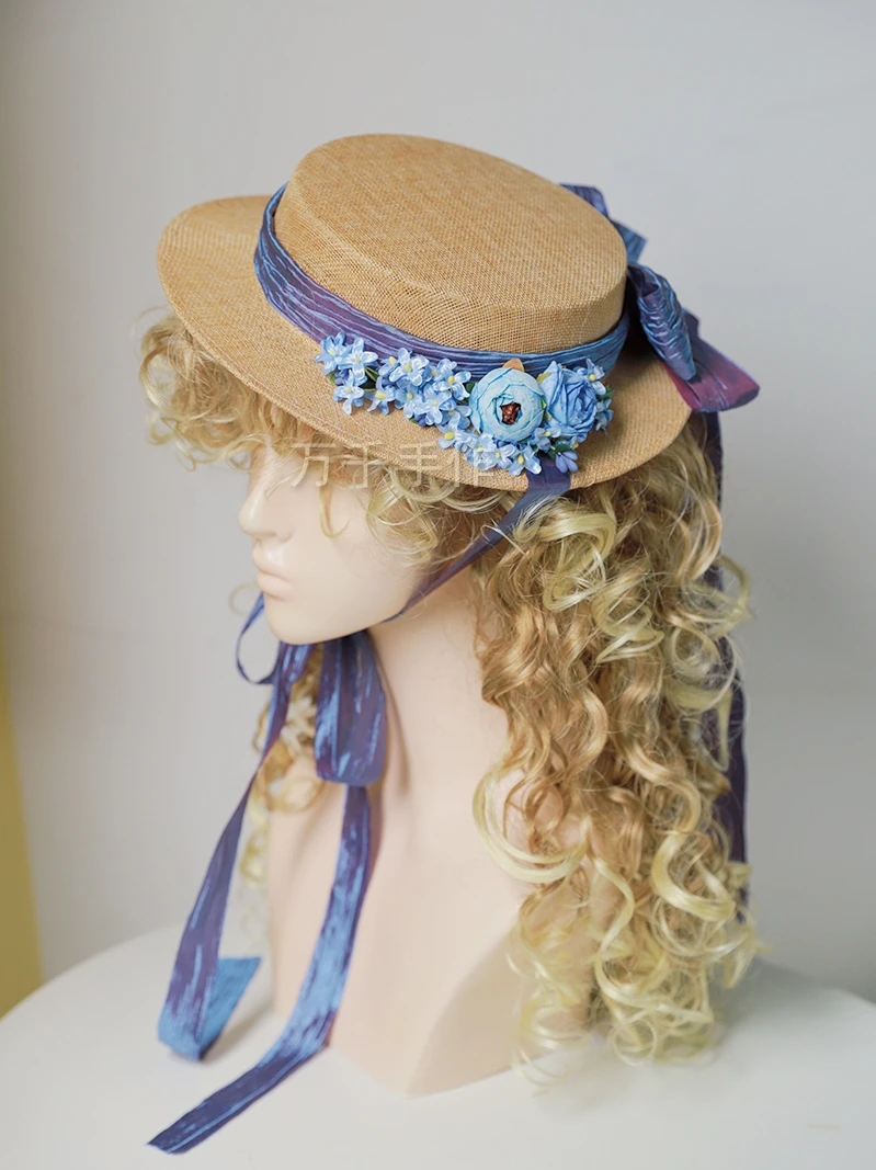 Cosplaydiy French Pastoral Style Top Hat Elegant Retro Lolita Hat Fashion Tea Party Hat Victoria Blue Flower Bow Flat Top Hat