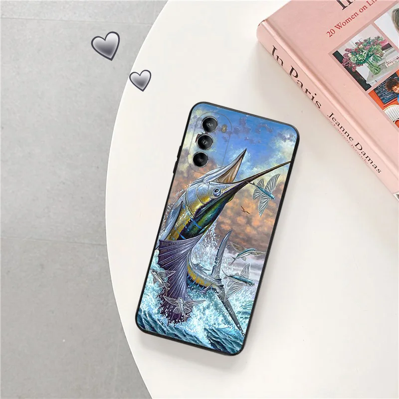 Phone Case For Motorola G50 4G G51 G30 G31 G60 G71 G22 G32 G52 G72 G73 G53 G9 River Carp Fishing Art Black Soft Anti-Drop Cover