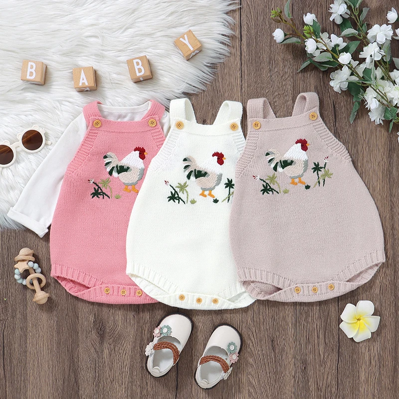 Baby Bodysuit Knit Infant Girl Boy Jumpsuit Sleeveless Summer Newborn Kid Sling Clothes Fashion Embroidery Rooster 0-18M Overall