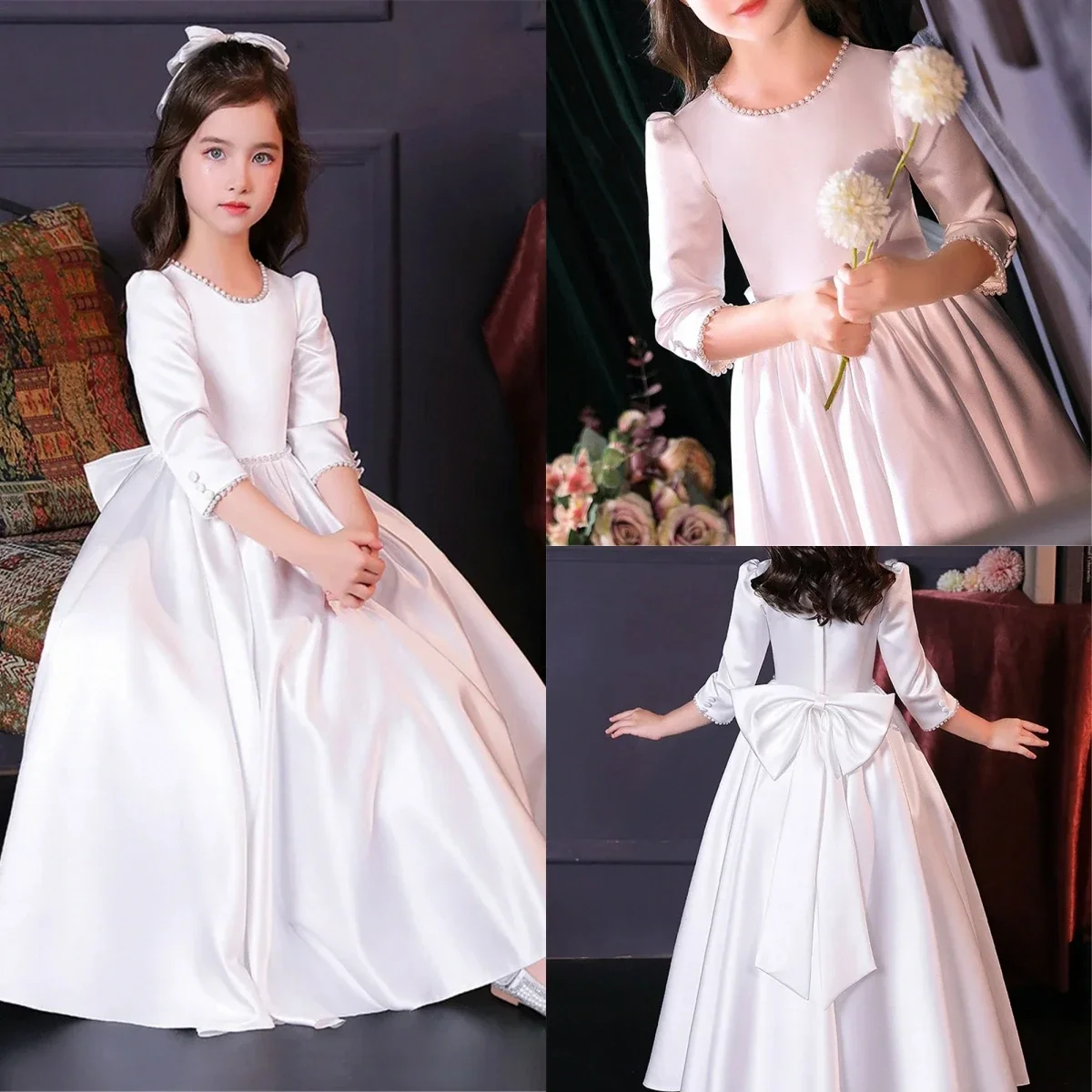 Custom Flower Girl Dress Wedding Party Pageant Catwalk Long Sleeve Pearl White Satin Kids Gown فساتين اطفال