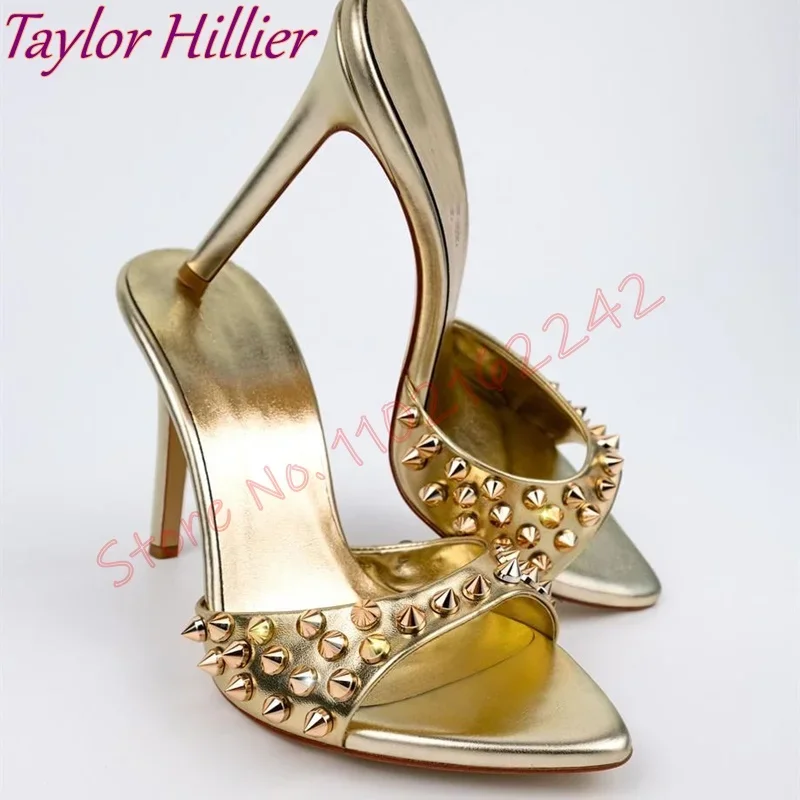 مثير الذهب برشام النعال جولة تو خنجر الفم الضحلة عالية الكعب الصنادل الحفلات العصرية أنيقة لباس خارجي النعال #1