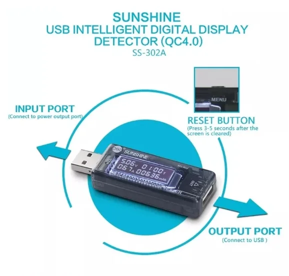 SUNSHINE-Digital Dispay USB Tester, Current Voltage, Charger Capacity Doctor, Quick Charge, Power Bank Meter, Voltmeter, SS-302A