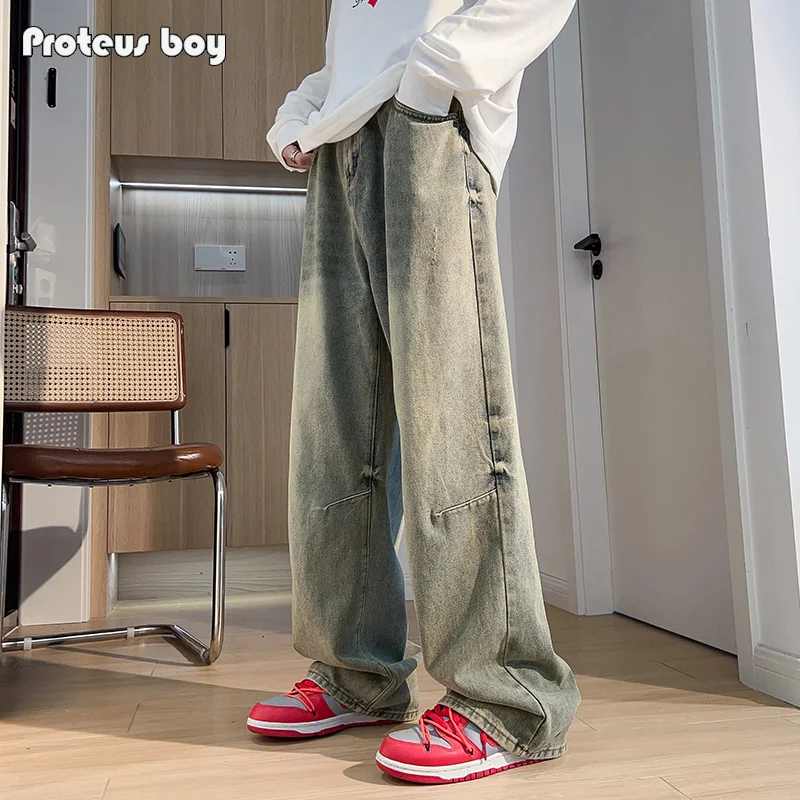 

ProteusBoy American Retro Waed Denim Jeans Straight Leg Flat Waist Casual Long Trousers Youth Trend Cotton Polyester Blend