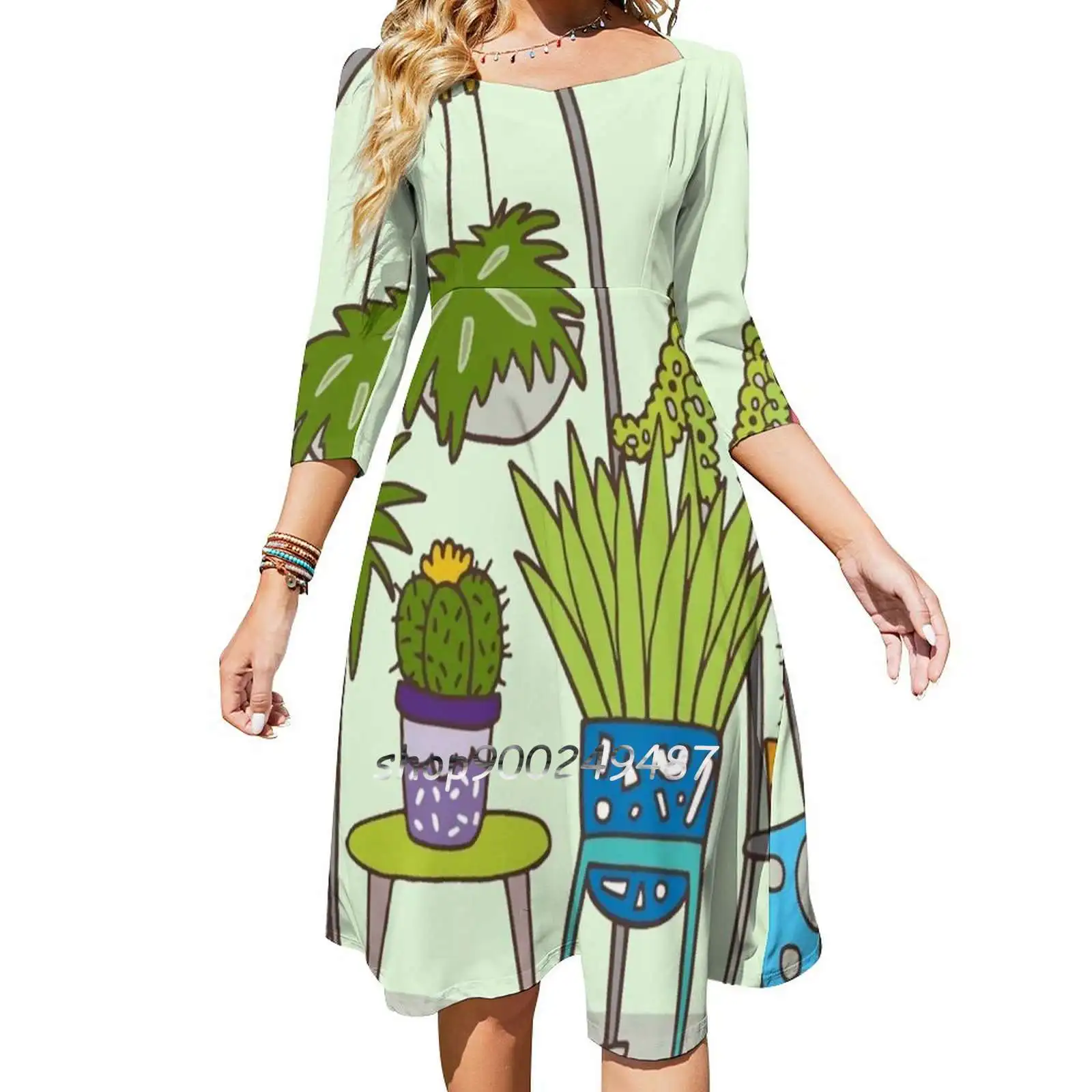 Plant Life Square Neck Dress New Plus Size Elegant Women Waist Tight Dress Plants Botanical Pot Plant Cactus Succulent Fern