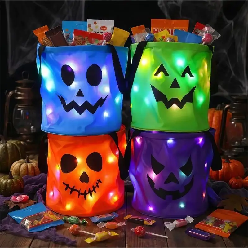 Lighted Halloween Candy Carriers with Flashing and Steady-On LED Modes, No-Assembly Handle, Foldable Fabric, and Assorted Face
