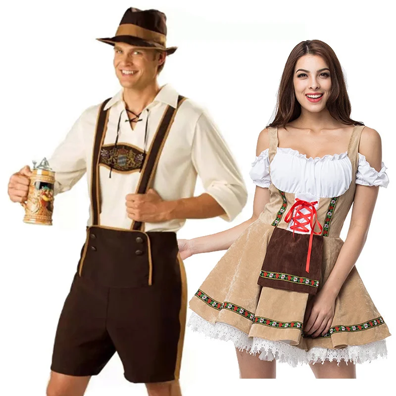 Traditional couple costume, gorgeous evening dress, carnival, Halloween, parade, bartender, waitress, cosplay