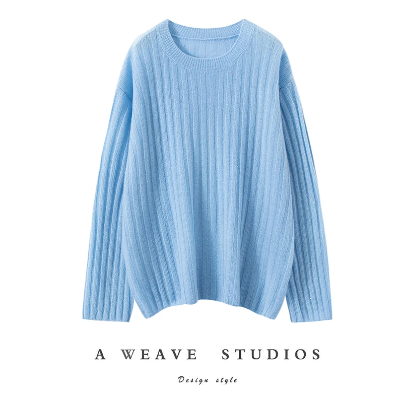 

Winter women's 100% cashmere sweater casual solid knitted pullover base loose vertical stripe round neck Tops thick warm Jumper