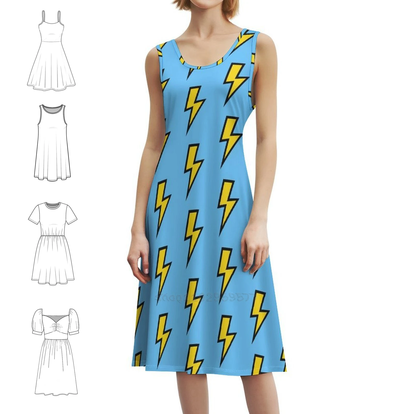 مسامير البرق الصفراء مع خلفية زرقاء زاهية على الطراز الكوري فستان كاجوال للنساء فساتين مكتب سيدة يومية بسيطة مشرقة #1