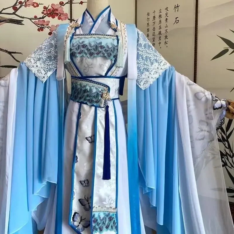 Customized Halloween Nobility Cosplay Costume For Women Oversized Chinese Traditional Vintage Hanfu Blue Sets Large Size 5XL