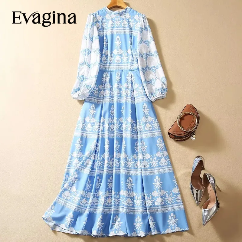 

Evagina Fashion Women's 2024 Spring Stand-Up Collar Lantern Sleeved Vintage Printed High-Waisted Casual Holiday Ball Gown Dress