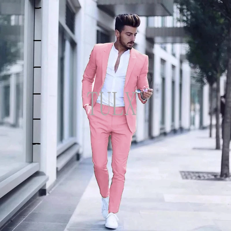 

Peak Lapel Pink Male Suits One Button Slim Fit Men Suit for Wedding Party Business Casual Groom Tuxedos (Jacket+Pants)