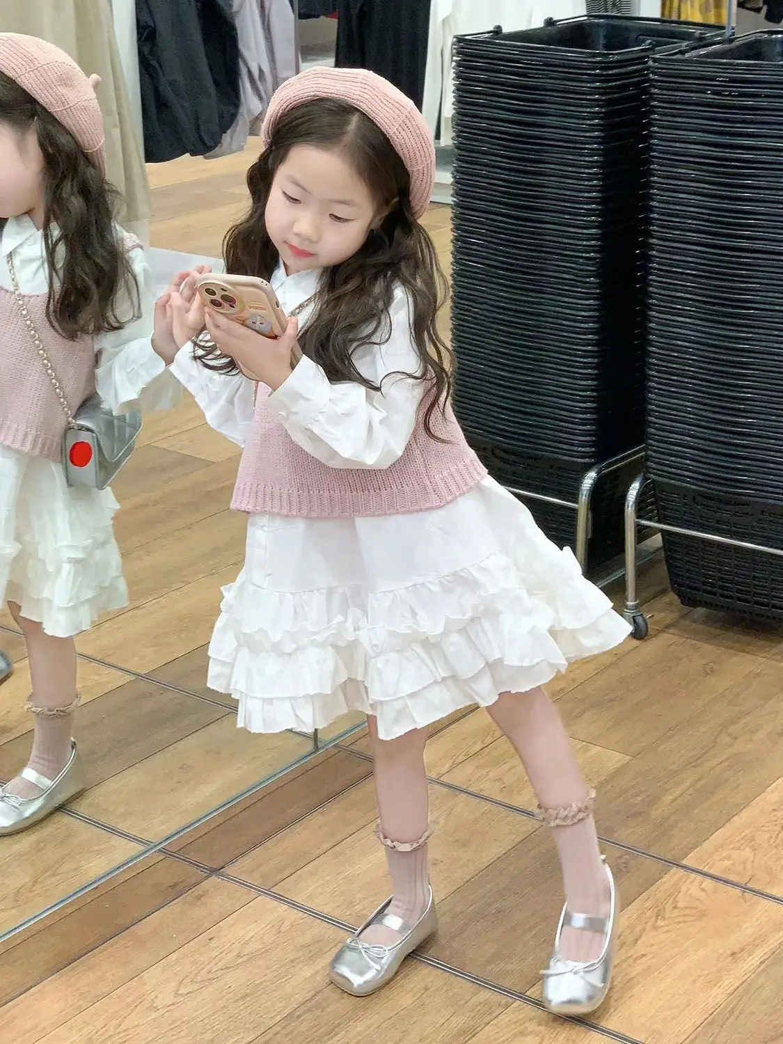 

Girls' Set Spring/Summer New Children's Pink Knitted Tank Top+White Polo Collar Floral Edge Shirt Dress 2-piece Set