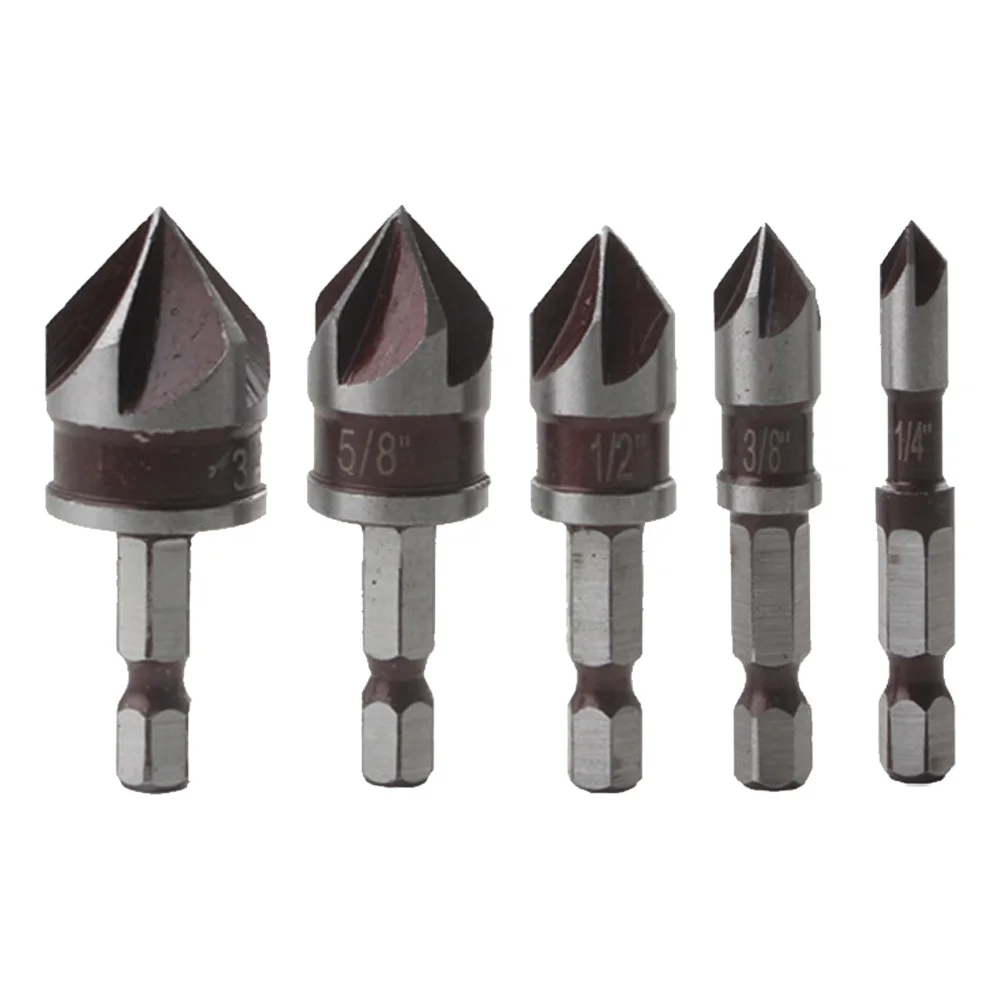 

5PCS Countersink Drill Bit Set 1/4 3/8 1/2 5/8 3/4inch 1/4 Inch Hex Shank HSS Hex Chamfer Deburring Bit for Wood Metal Plastic