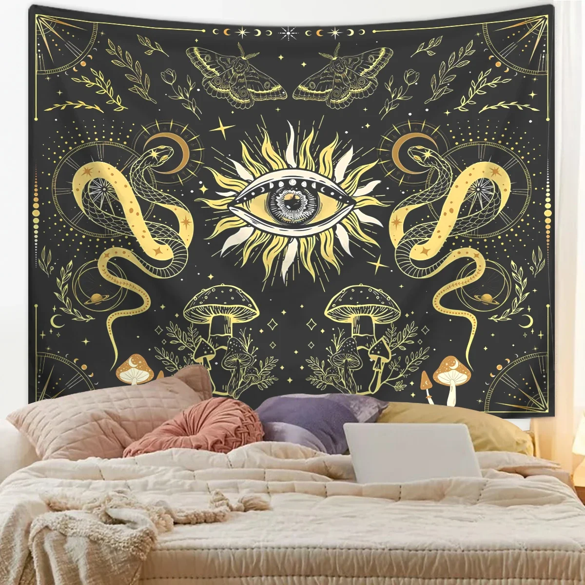 1pc Hippie style sun eye tapestry, retro magic moth mushroom snake tapestry, tarot card astrology moon and star tapestry