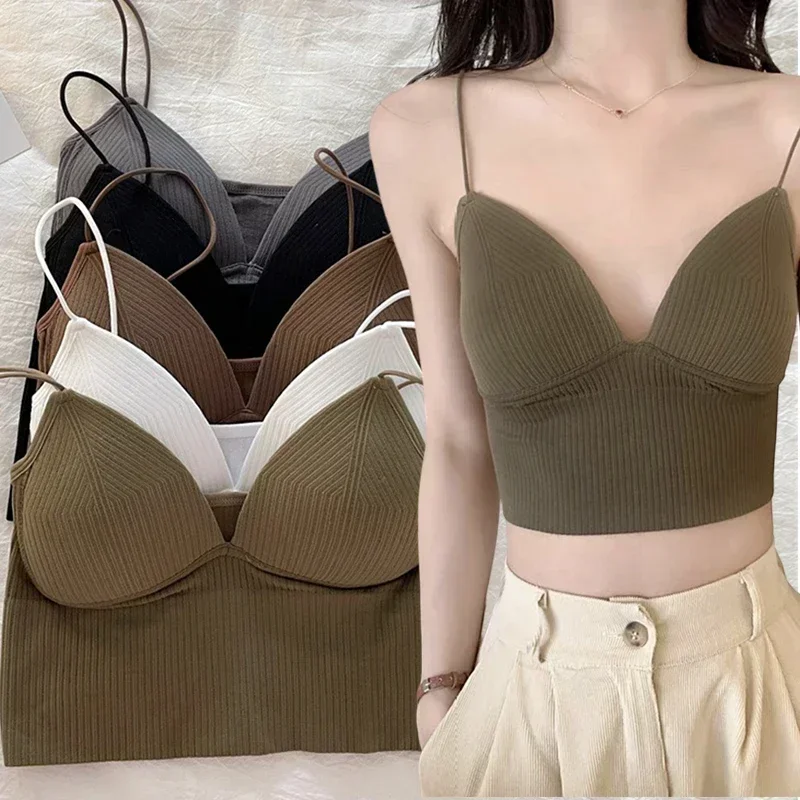 

Knitted Binder Chest Woman Tops Spaghetti Strap Corset Crop Camis With Built in Bras Korean Fashion Woman Vest Camisole