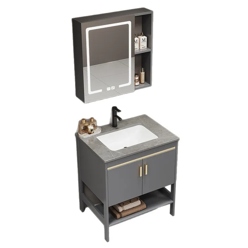 

Floor-to-ceiling space aluminum rock slab bathroom cabinet Small apartment washbasin cabinet