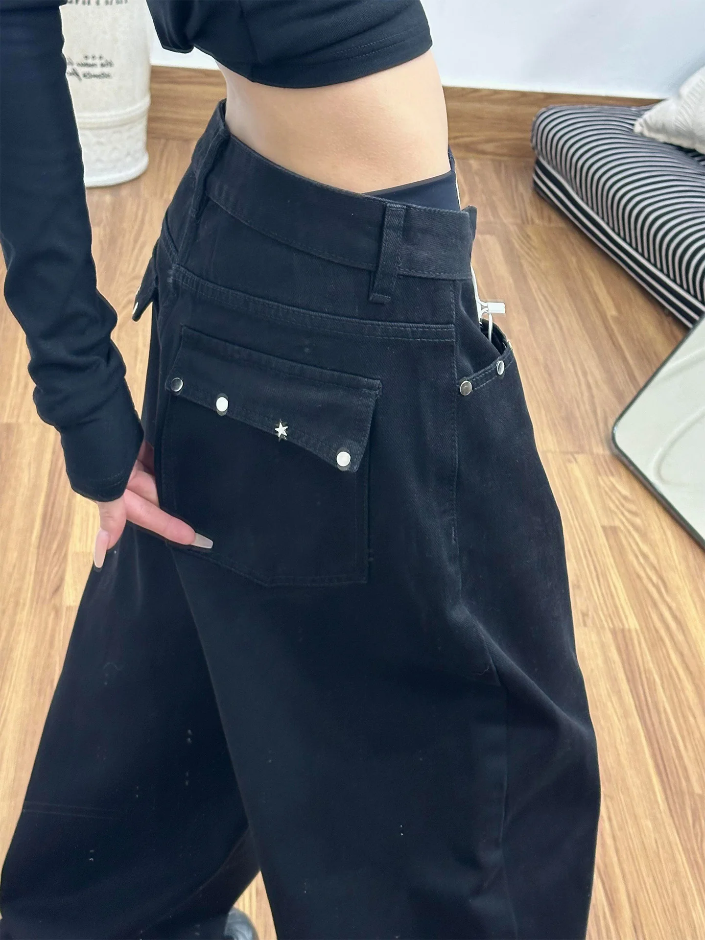 

Джинсы женские винтажные больших размеров с эффектом похудения, прямые, широкие штанины, черные, длинные, повседневные, с высокой талией, из денима, с карманами