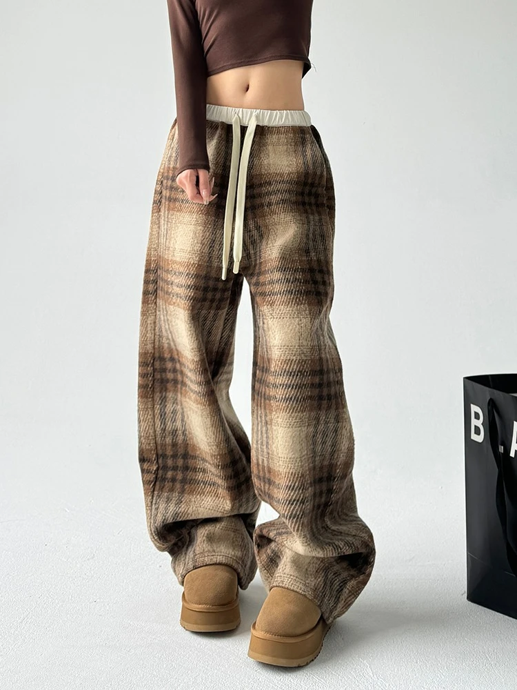 2025 outono inverno xadrez calças de lã para mulheres velo forrado cintura alta drapeado fino vintage grosso casual calças largas perna