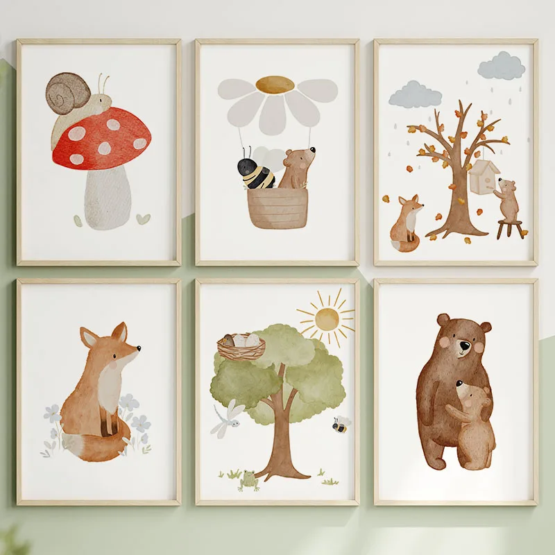 Boho Bär Fuchs Vogel Baum Hütte Pilz Blume Wandkunst Leinwanddruck Cartoon Poster und Drucke Bilder Baby Kinderzimmer Deko