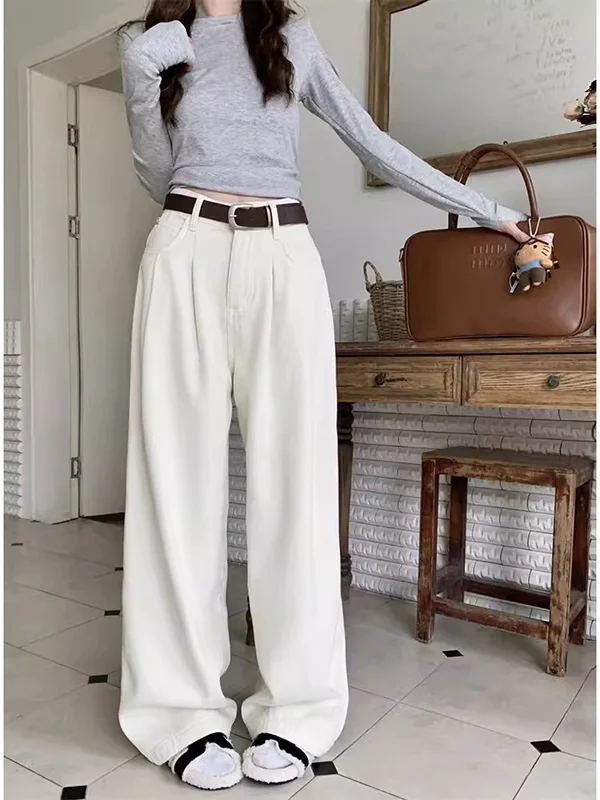 กางเกงยีนส์ทรงตรงเอวสูงขายาวทรงขากว้างสำหรับผู้หญิง รุ่นใหม่สำหรับฤดูใบไม้ร่วงและฤดูหนาว สไตล์เรโทรอบอุ่น