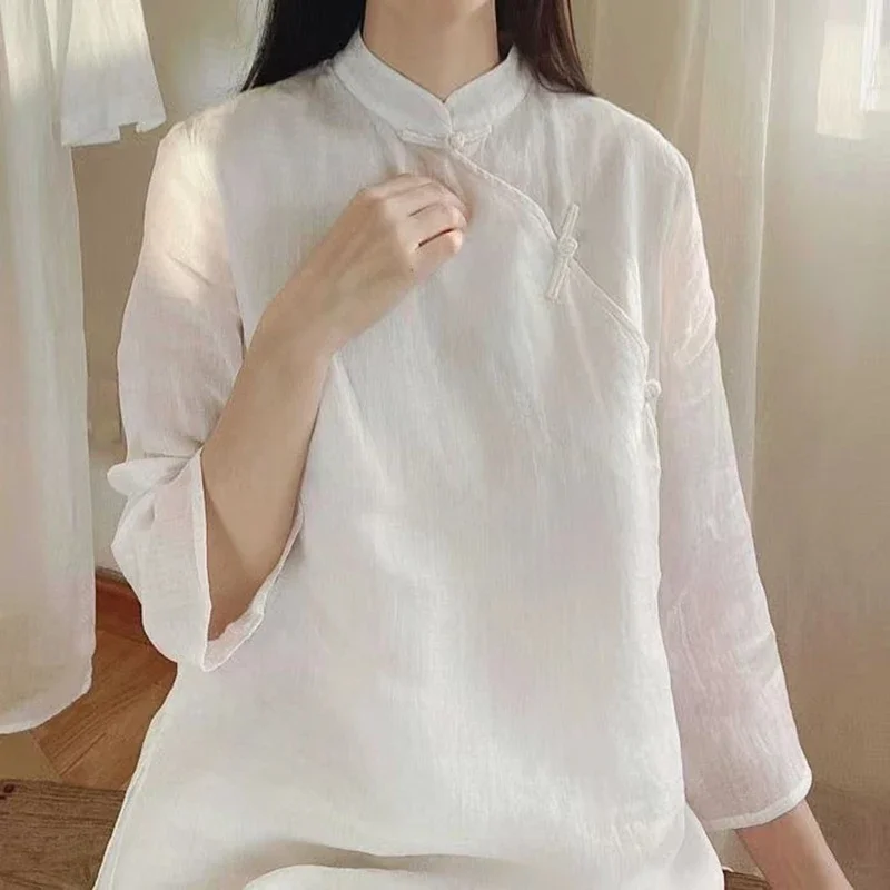 

Женский топ средней длины из хлопка и льна в традиционном китайском стиле, женская рубашка в стиле ретро, свободная Однотонная рубашка в стиле ханьфу, Ципао