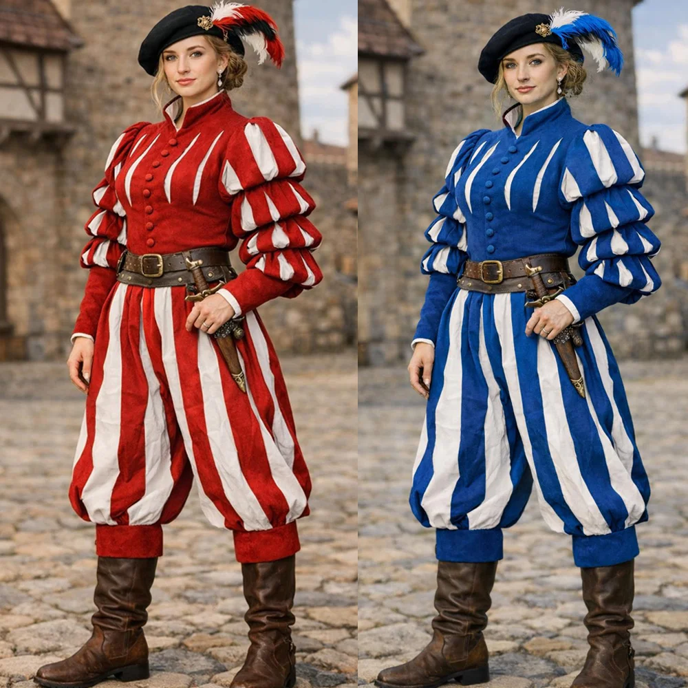 16. Jahrhundert Renaissance Damen-Landsknecht-Kostüm: Mittelalterliches LARP-Krieger-Outfit mit Doublet und Hose für Renfaires
